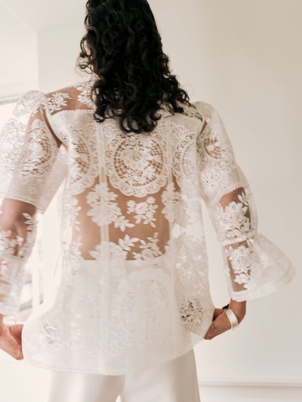 Reiss Demi Sheer Lace Tie-Neck Blouse in Ivory - Picture 4 of 16